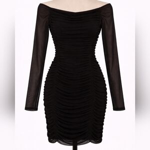 Leith Black Off-Shoulder Ruched Long Sleeve Bodycon Dress